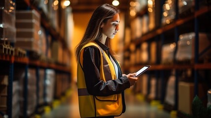 A female employee or supervisor checks the stock inventory on a digital tablet as part of a smart warehouse management system. - obrazy, fototapety, plakaty