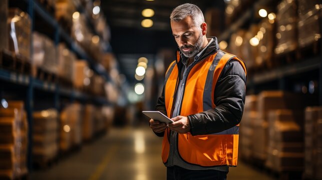 A female employee or supervisor checks the stock inventory on a digital tablet as part of a smart warehouse management system.
