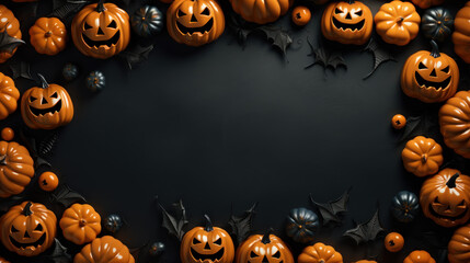Halloween pumpkins and halloween decorations on black background. Flat lay, top view, overhead with copy space. Happy halloween celebration holiday banner concepts. Generative AI