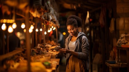 While grinning and using her phone, a young African woman is selling in a neighbourhood market.