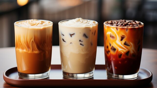 Espresso in an Americano cup, cappuccino and latte in a paper mug, and an iced macchiato in a glass.