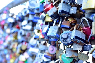 Pier39 San Francisco, California, USA - April 28, 2023. Love padlock near the Sea 