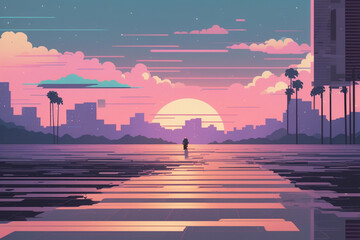 City sunrise scene from mid field