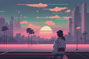 woman in the city, sunrise scene