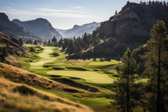 Golf Course With Stunning Mountain View, Generative AI