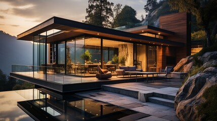 Stylishly contemporary exterior of a luxury villa. a mountainside glass home. Views of the mountains in awe from the veranda of a contemporary residence - obrazy, fototapety, plakaty