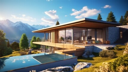 Fototapeta premium Stylishly contemporary exterior of a luxury villa. a mountainside glass home. Views of the mountains in awe from the veranda of a contemporary residence