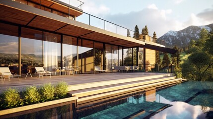 Obraz premium Stylishly contemporary exterior of a luxury villa. a mountainside glass home. Views of the mountains in awe from the veranda of a contemporary residence