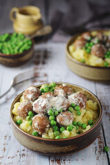 Swedish meatballs with mashed potato side dish - typical dish of Swedish cuisine
