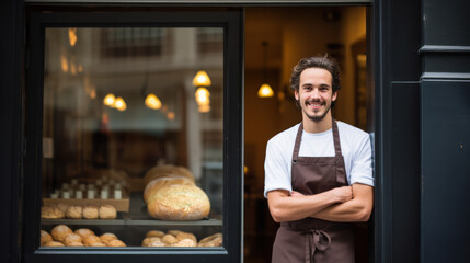 Jeune boulanger posant devant la vitrine de sa boulangerie - obrazy, fototapety, plakaty