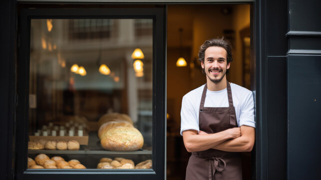 Jeune boulanger posant devant la vitrine de sa boulangerie