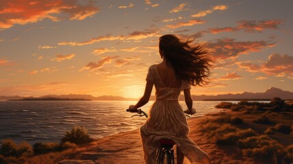 woman cycling by the sea