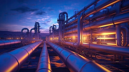 Industry pipeline transport petrochemical, gas and oil processing, equipment steel pipes plant. Generative Ai