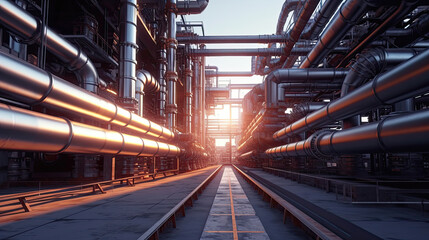 Fototapeta premium Industry pipeline transport petrochemical, gas and oil processing, equipment steel pipes plant. Generative Ai
