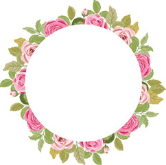 floral wedding frame with pink rose bouquet and leaves