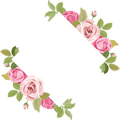 floral wedding frame with pink rose bouquet and leaves