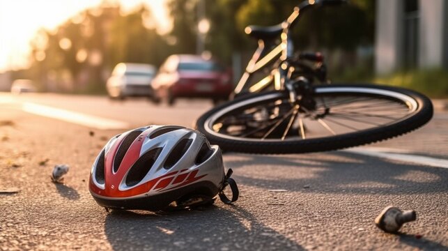 After an automobile accident, a bicycle helmet is seen in close-up lying on the pavement next to a bicycle in a city street.