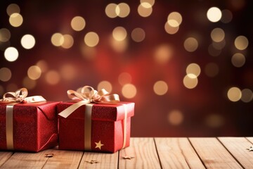 christmas red gift boxes on the wooden floor Blurred Shiny Lights 