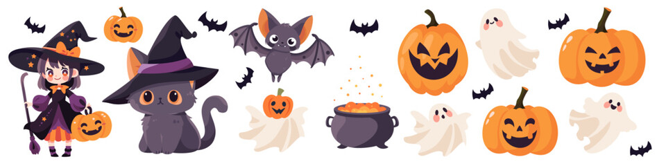 Cute vector set for the Halloween holiday. Girl in witch costume cat in witch hat ghost bats cauldron jack lantern pumpkins. Characters on white background . Vector illustration