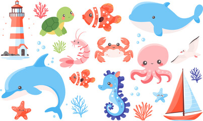 Cute vector nautical set. Children's illustrations on white background. Dolphin whale sea lighthouse octopus seahorse crab shrimp shrimp seagull turtle turtle. Vector illustration