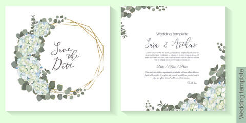 Fototapeta na wymiar Floral design for wedding invitation. Gold frame in the shape of a crystal, white and blue hydrangea, green plants, eucalyptus. Vector illustration
