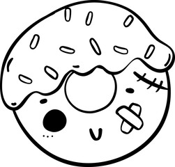 Cute spooky Halloween Donut Costume Doodle Outline. Adorable Festive Delight fun hand drawing.