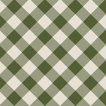 Seamless plaid and checkered patterns in green and beige for textile design. Pixel plaid pattern graphic background for a fabric print. Vector diagonal design.