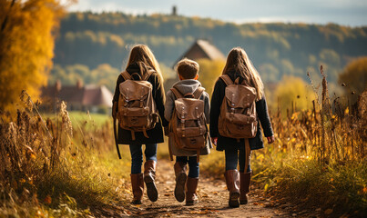 Plakat Back To school in autumn. Back view of children with backpacks going to school on a countryside road