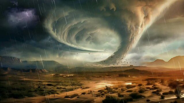 Big tornado at the desert with lightning. Thunder storm loop 4k video