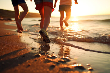 Close-up of running kids legs in shallow sea water - Happy kids playing on beach at the sunrise time - Generative AI.
