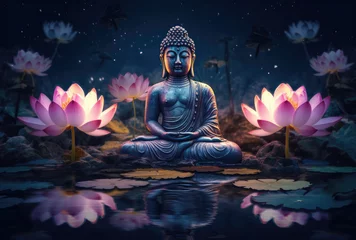 Foto op Canvas glowing Lotus flowers and gold buddha statue, generative AI   © Kien
