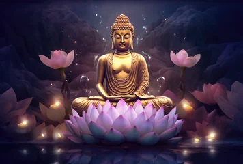 Foto op Canvas glowing Lotus flowers and gold buddha statue, generative AI   © Kien