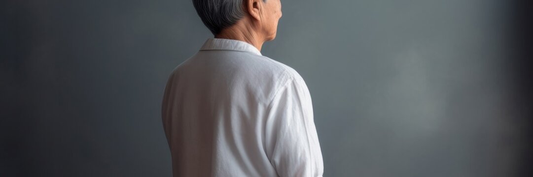 Back View Of Senior Man On Gray Background. Portrait Of Elderly Man, Rear View Banner. Retired Senior Man Rear View