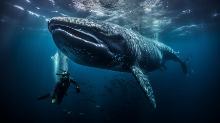 An exhilarating shot of a diver swimming alongside a majestic humpback whale 