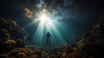 A free diver gliding effortlessly through an underwater cave, illuminated by their diving torch  - obrazy, fototapety, plakaty