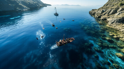 An aerial shot of divers floating on the water's surface, ready to descend into the deep blue abyss 