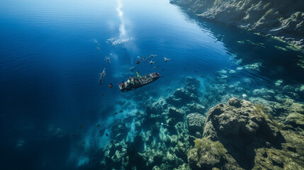 An aerial shot of divers floating on the water's surface, ready to descend into the deep blue abyss 