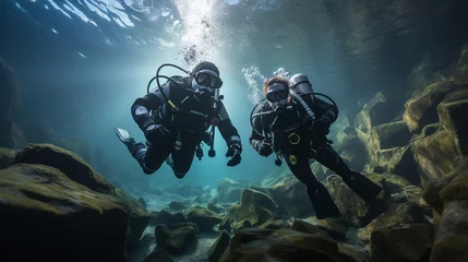 Deurstickers A pair of divers holding hands as they swim through a captivating underwater cave system  © Наталья Евтехова