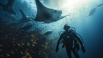 A unique perspective of a diver observing a massive manta ray passing gracefully overhead  - obrazy, fototapety, plakaty