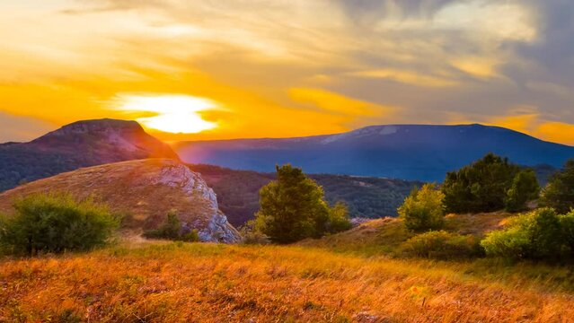  mountain valley at the dramatic sunset, natural mountain landscape time lapse scene