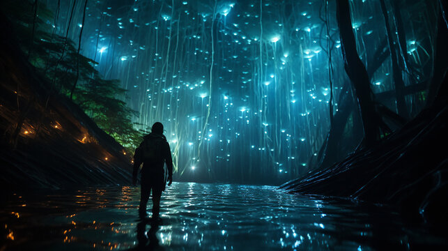 A Magical Scene Of Bioluminescent Plankton Illuminating The Water As A Diver Swims Through The Night 