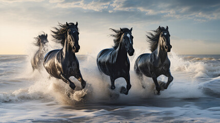 Fototapeta na wymiar Horses running on beach water