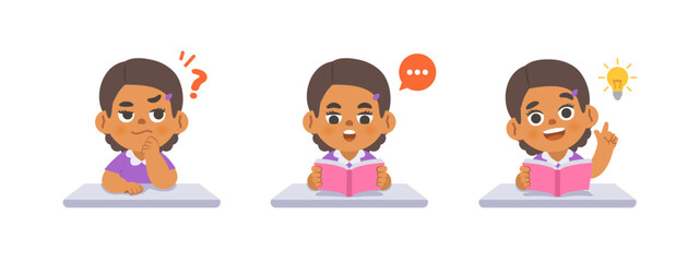 a black girl in doubt or have a question, reading the book, get an idea on the desk, study set. illustration cartoon character vector design on white background. kid and education concept.