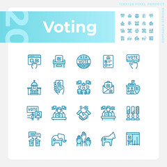 Pixel perfect blue icons set representing voting, isolated vector illustration, editable politics and election signs.