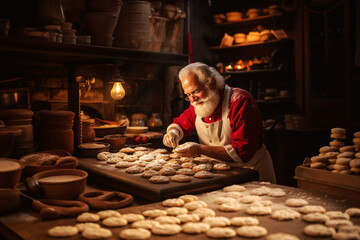Santa Claus is baking a variety of christmas cookies, sweets with star anise and cinnamon, traditional holiday baking, homemade gingerbread, generative AI