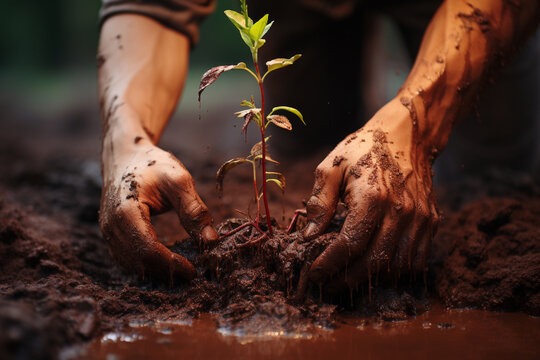 Farmer planting a small tree in spring, sprout growing from the soil, environment conversation, world soil day, generative AI