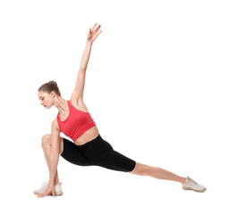 Yoga workout. Young woman stretching on white background