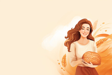 banner with yellow background. illustration girl with bread. bakery. bun. Woman