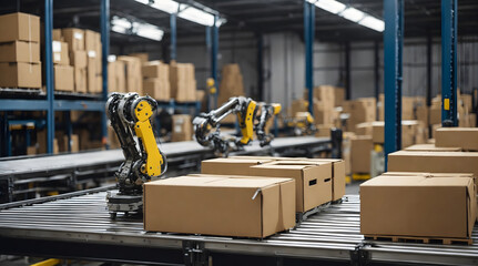 産業用ロボット、ロボットアーム、工場で商品を仕分ける｜Industrial robots, robotic arms, sorting goods in factories. Generative AI
