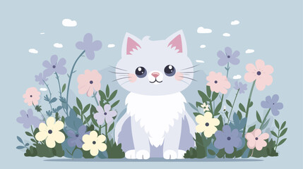 Cat baby and flower field Vector illustration.